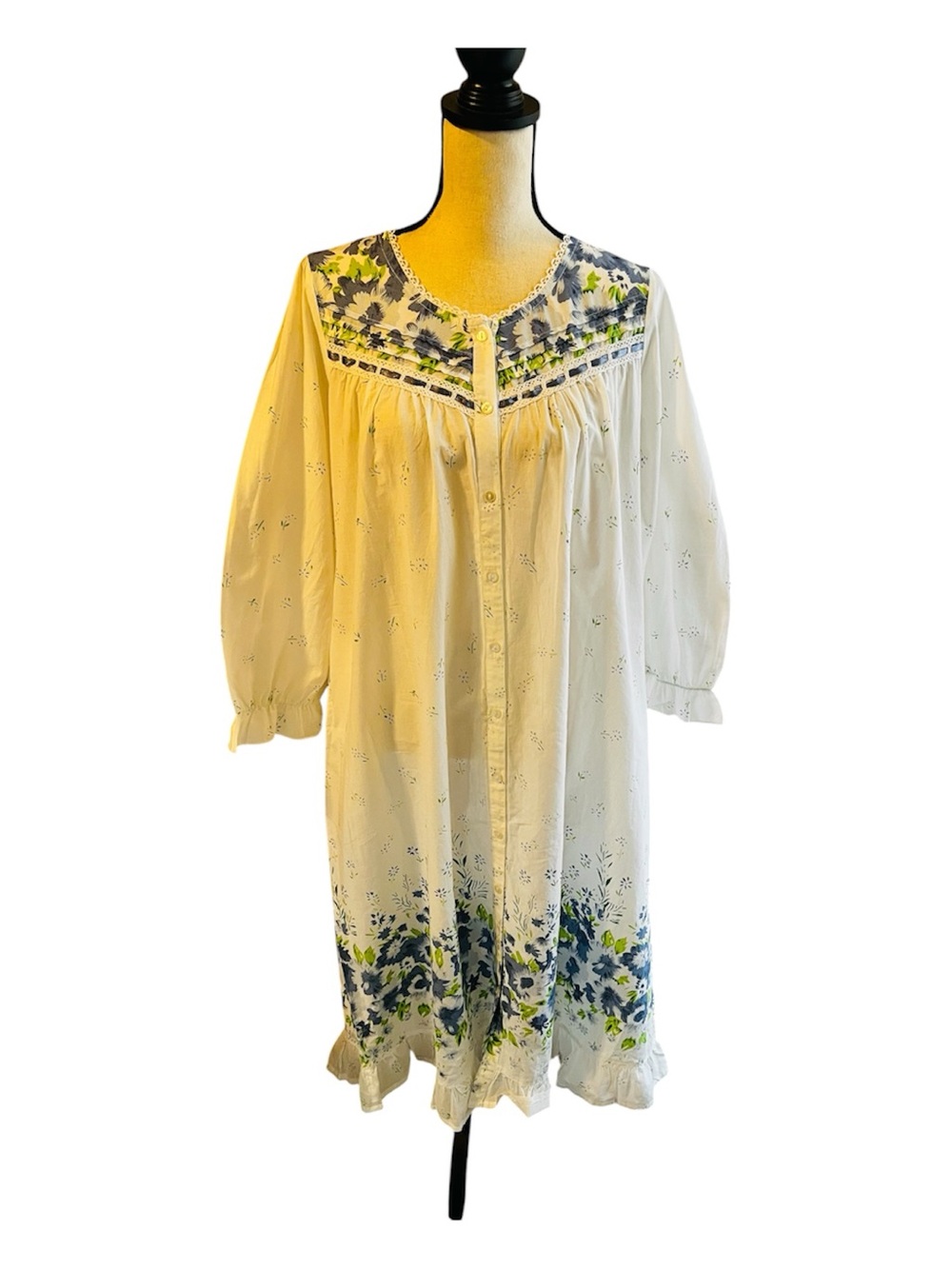 La Cera  Floral Garden Cotton  Button-Front White/Blue Long Sleeve Nightgown S